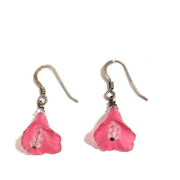 VINTAGE STERLING SILVER PINK FLORAL CRYSTAL DROP DANGLE 1" HOOK EARRINGS - Picture 4 of 8